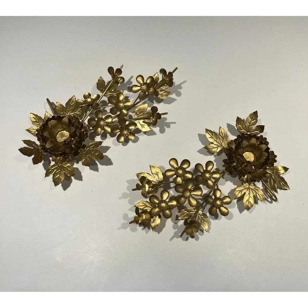 Floral gold gilt Metal Candle Holders - Hollywood Regency Set of 2 MCM Retro